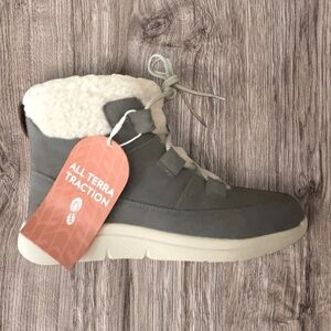 Grey Faux Suede and White Faux Sherpa All Terrain Ankle Boots Women’s Size 6.5